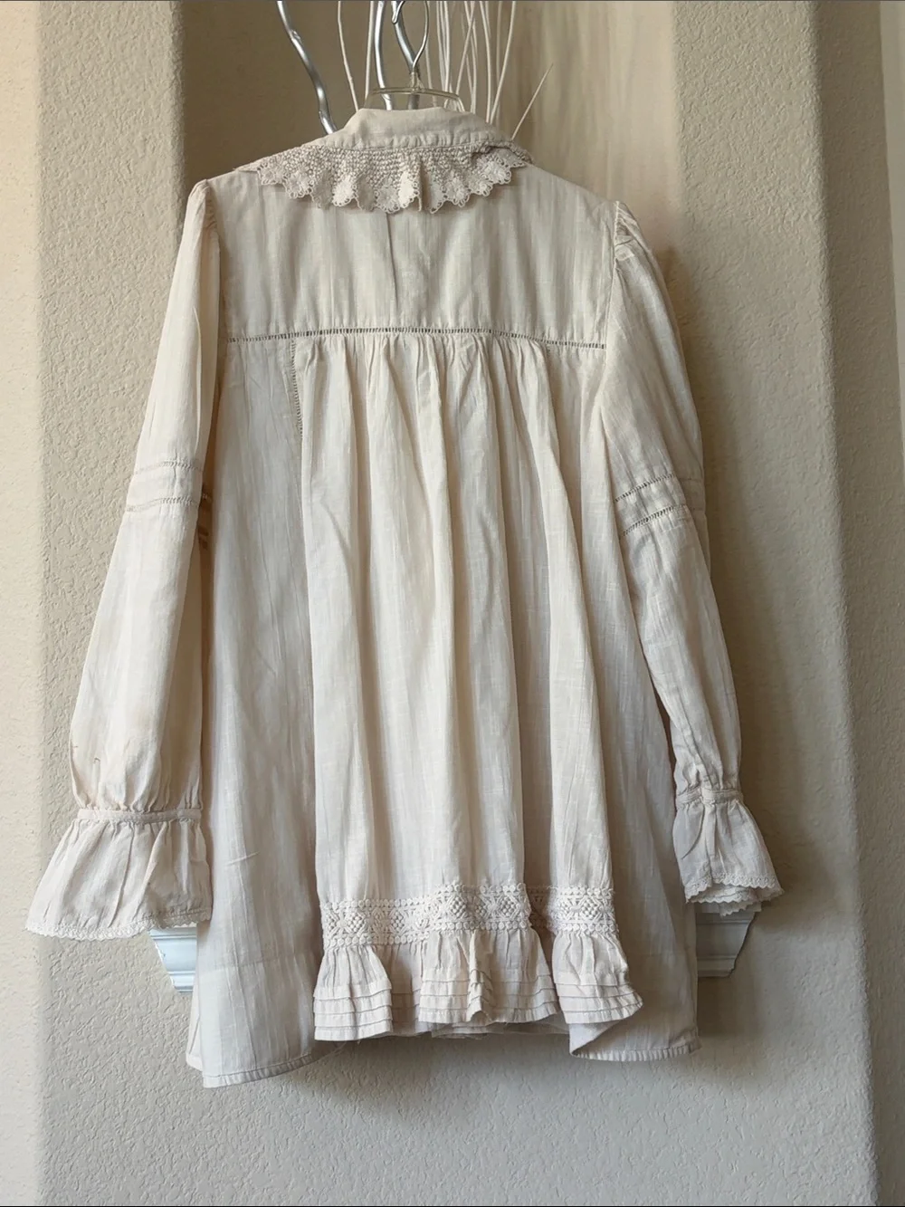 Free People Ivory Long-Sleeve Tie-Neck Mini Dress Size XL